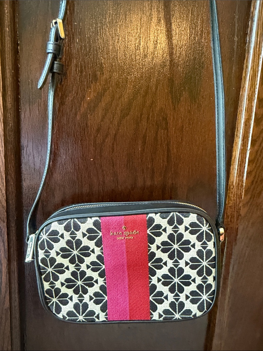 kate spade Black & White Floral Crossbody Camera Bag with Red Center Stripe